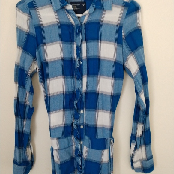 AEO plaid ruffled front shirt with waist tie - Picture 5 of 7